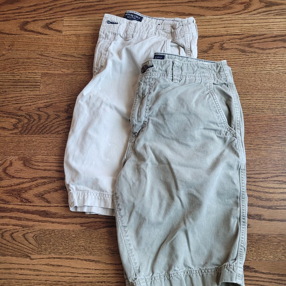 Lot of Two American Eagle Size 32 Shorts AE Some Discoloration Khaki Green